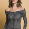 Ribbed Bardot Zip-Up Long Sleeve Top – Black