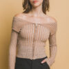 Ribbed Bardot Zip-Up Long Sleeve Top – Khaki