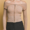 Ribbed Bardot Zip-Up Long Sleeve Top – Khaki