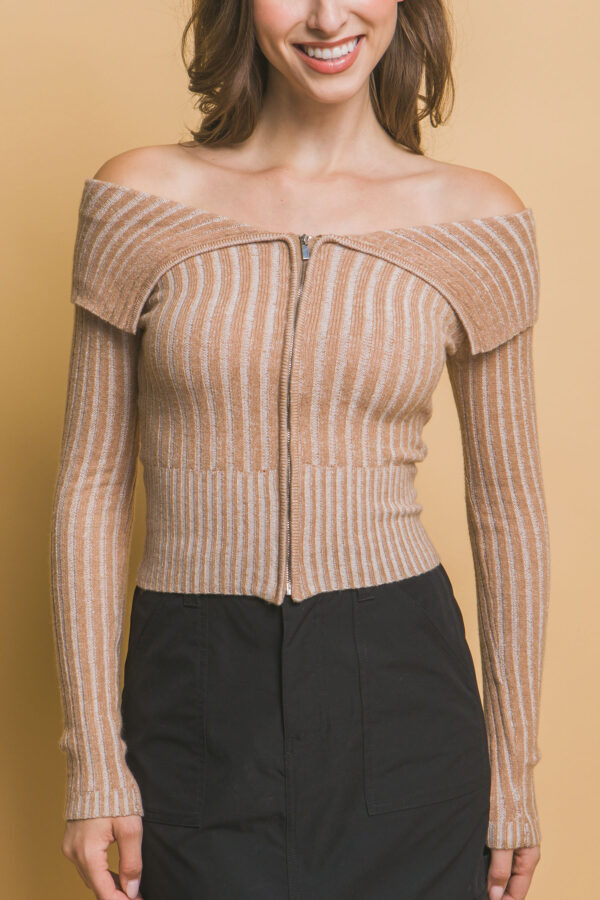 Ribbed Bardot Zip-Up Long Sleeve Top – Khaki