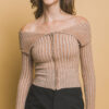 Ribbed Bardot Zip-Up Long Sleeve Top – Khaki