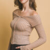 Ribbed Bardot Zip-Up Long Sleeve Top – Khaki