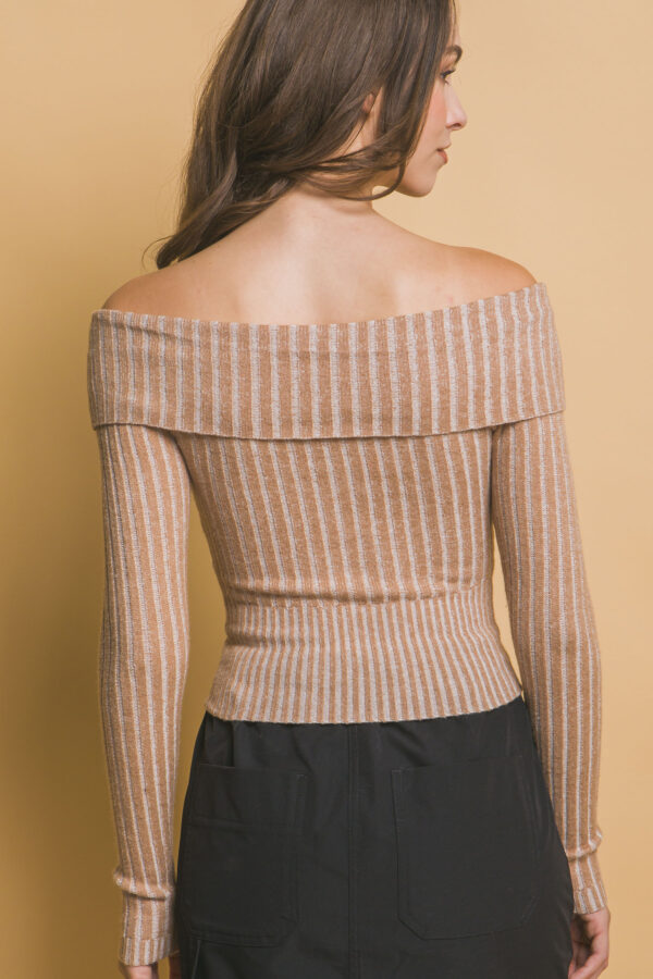 Ribbed Bardot Zip-Up Long Sleeve Top – Khaki