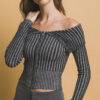Ribbed Bardot Zip-Up Long Sleeve Top – Black