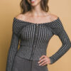 Ribbed Bardot Zip-Up Long Sleeve Top – Black