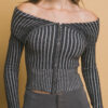 Ribbed Bardot Zip-Up Long Sleeve Top – Black