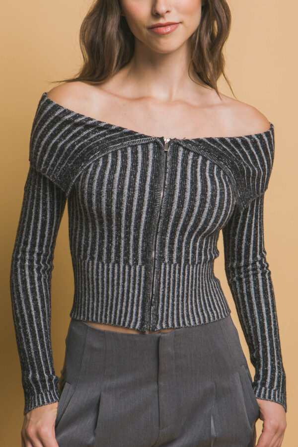Ribbed Bardot Zip-Up Long Sleeve Top – Black