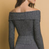 Ribbed Bardot Zip-Up Long Sleeve Top – Black