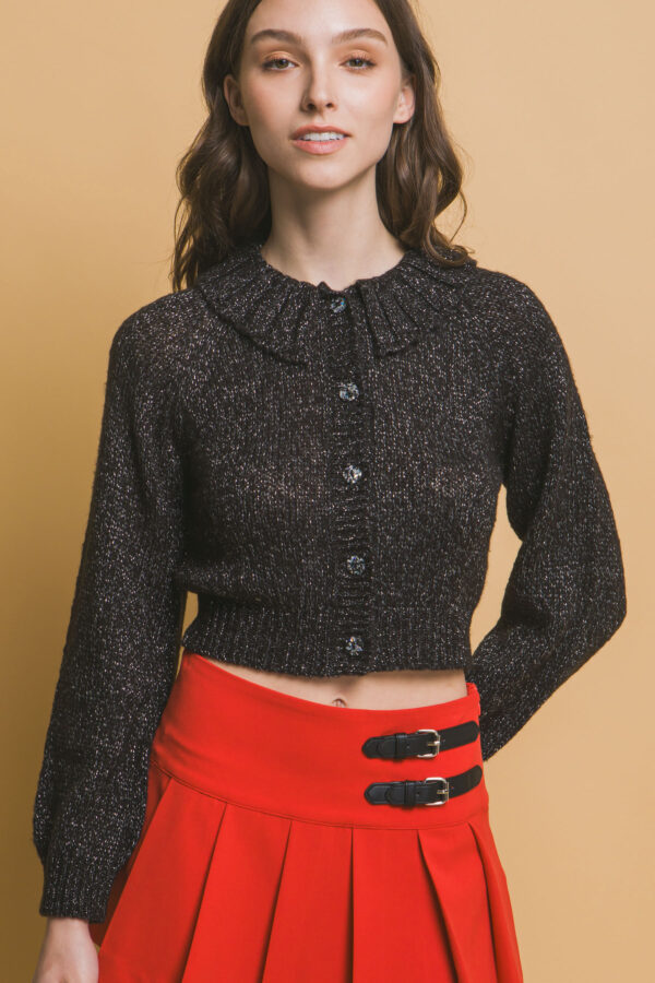 Short Collared Sweater with Metallic Thread – Black