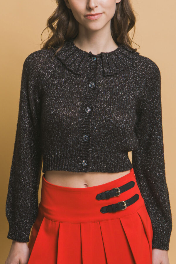 Short Collared Sweater with Metallic Thread – Black