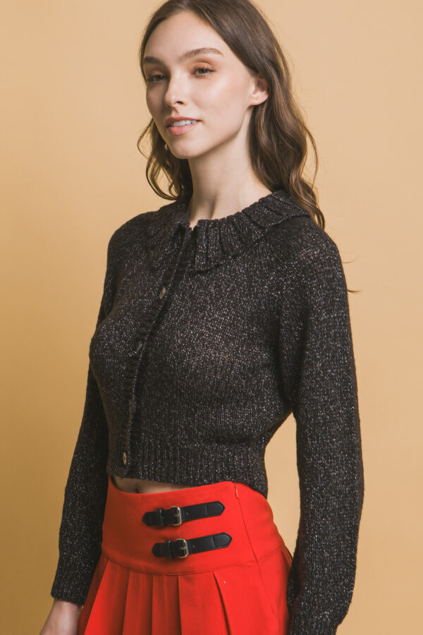 Short Collared Sweater with Metallic Thread – Black