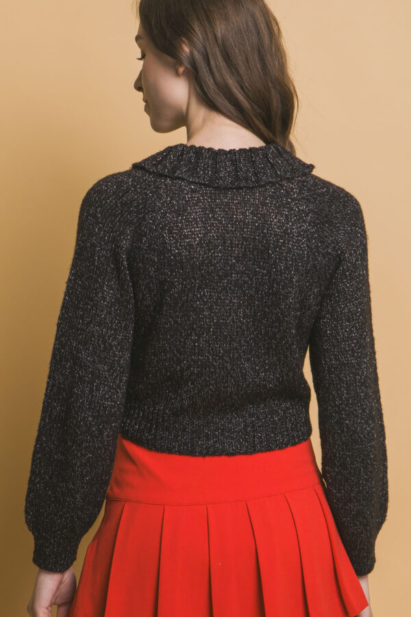 Short Collared Sweater with Metallic Thread – Black