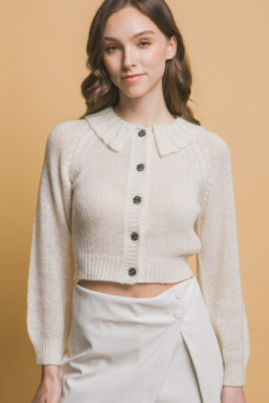 Short-Collared Sweater with Metallic Thread – Off White