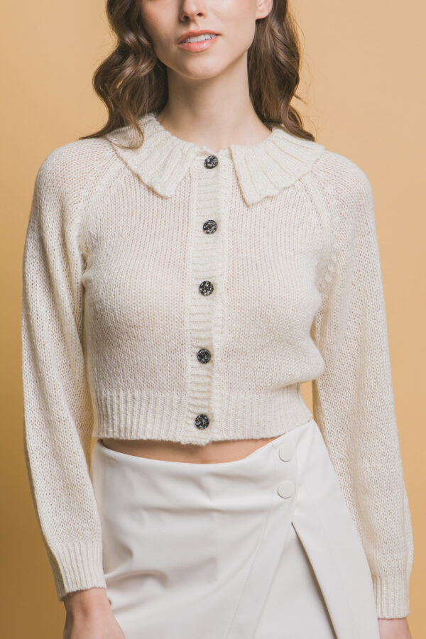 Short-Collared Sweater with Metallic Thread – Off White