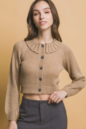 Short-Collared Sweater with Metallic Thread – Khaki