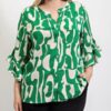 Geometric Print Ruffled Bell Sleeve Top – Plus Size Green