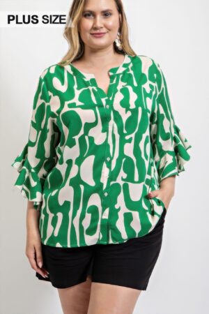 Geometric Print Ruffled Bell Sleeve Top – Plus Size Green