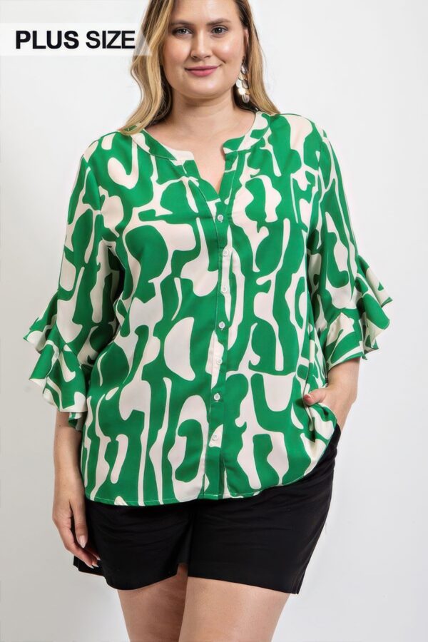 Geometric Print Ruffled Bell Sleeve Top – Plus Size Green