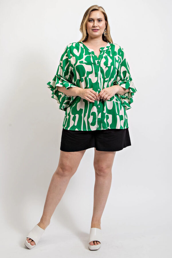 Geometric Print Ruffled Bell Sleeve Top – Plus Size Green