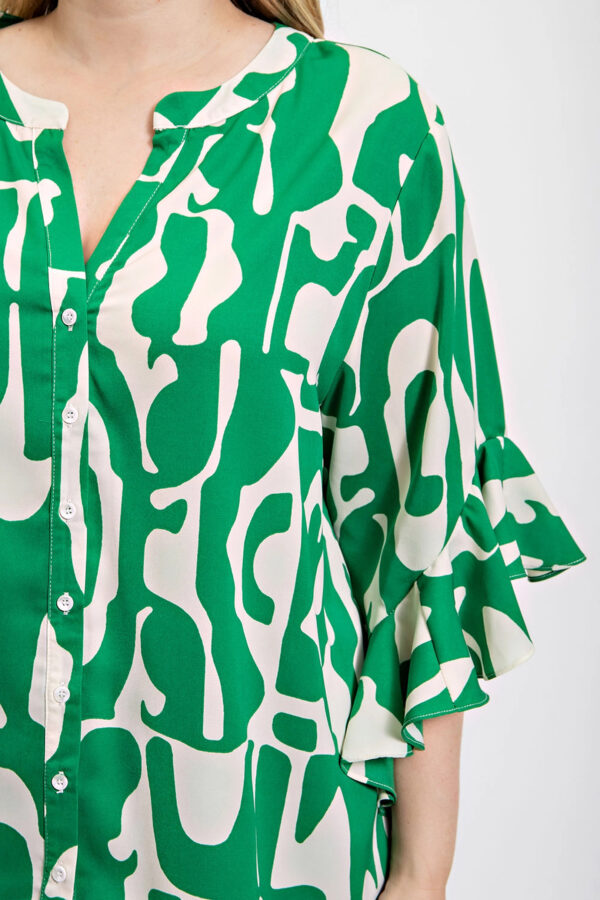 Geometric Print Ruffled Bell Sleeve Top – Plus Size Green