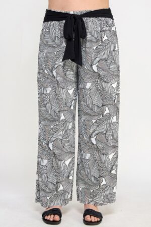 Plisse Palm-Print Plus-Size Pants with Contrast Tie