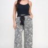 Plisse Palm-Print Plus-Size Pants with Contrast Tie