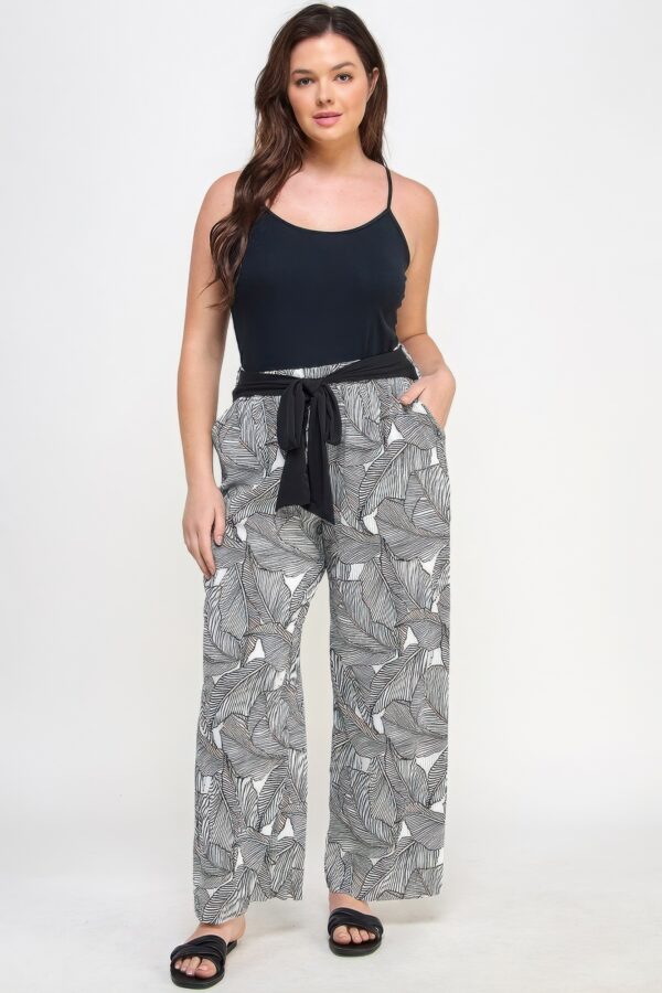 Plisse Palm-Print Plus-Size Pants with Contrast Tie
