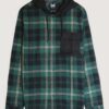 Plaid Hooded Shirt with Contrast Pockets – Forest Green