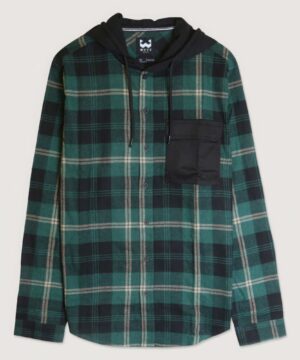 Plaid Hooded Shirt with Contrast Pockets – Forest Green