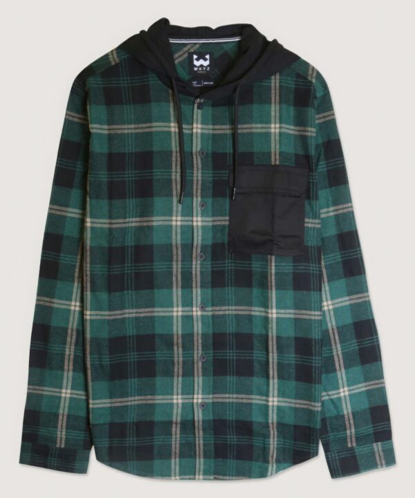 Plaid Hooded Shirt with Contrast Pockets – Forest Green