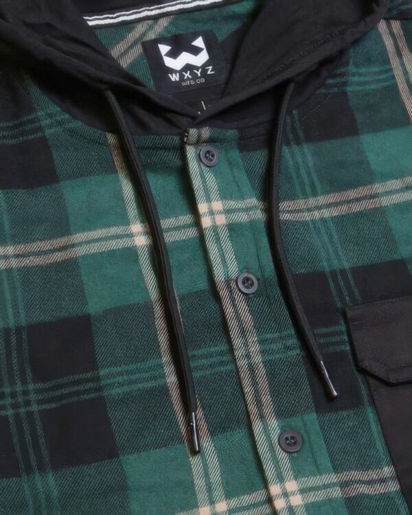 Plaid Hooded Shirt with Contrast Pockets – Forest Green