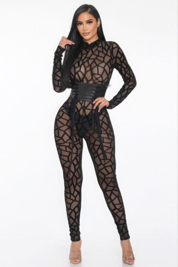 Geometric Jersey Jumpsuit with Leather Corset – Black
