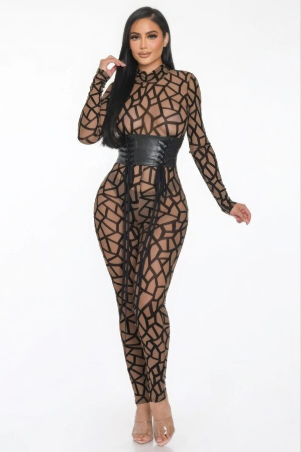 Geometric Mesh Jumpsuit with Leather Corset – Brown