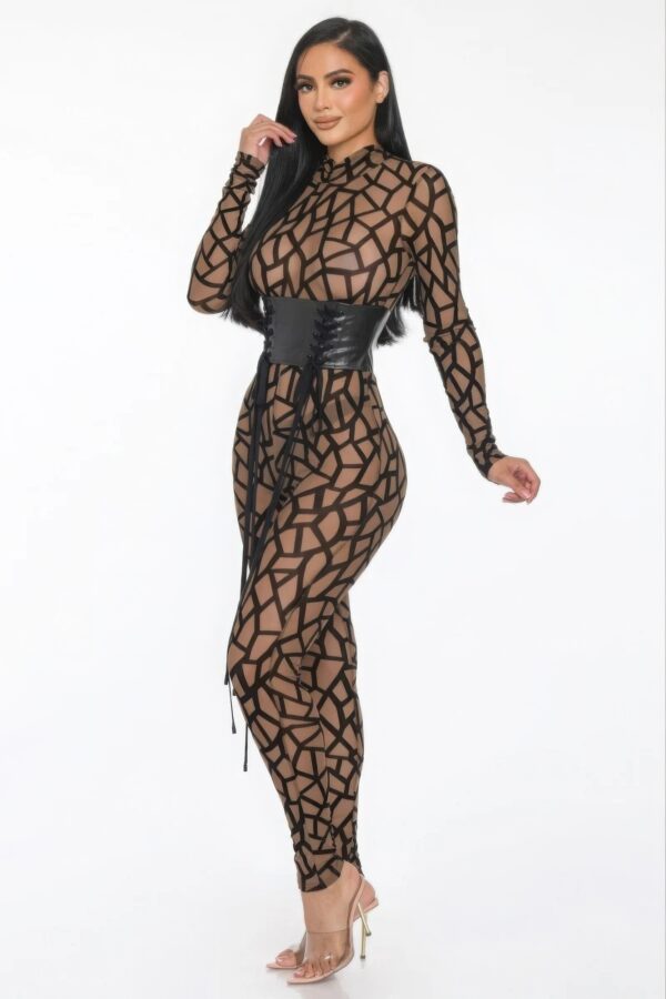 Geometric Mesh Jumpsuit with Leather Corset – Brown