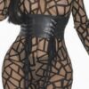 Geometric Mesh Jumpsuit with Leather Corset – Brown