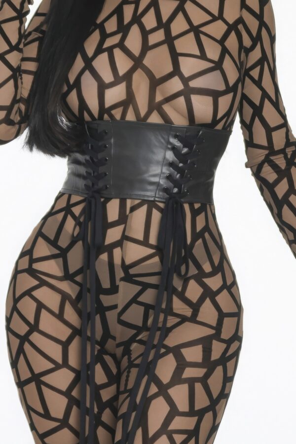 Geometric Mesh Jumpsuit with Leather Corset – Brown