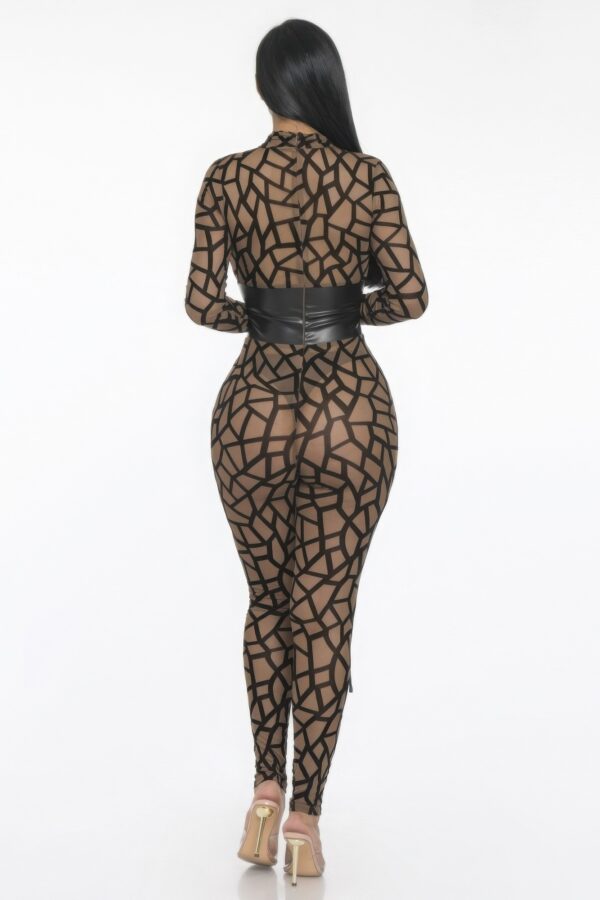 Geometric Mesh Jumpsuit with Leather Corset – Brown