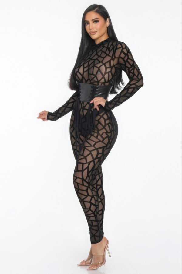 Geometric Jersey Jumpsuit with Leather Corset – Black