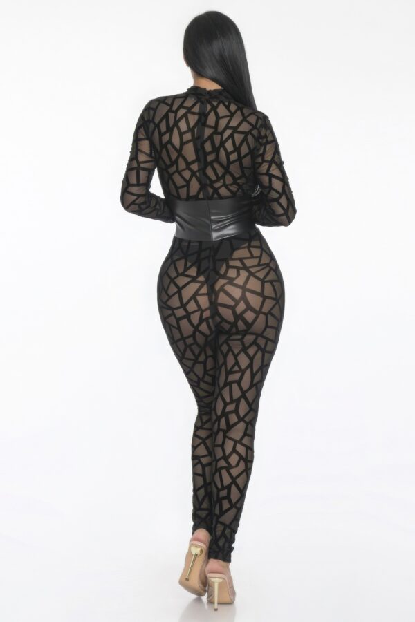 Geometric Jersey Jumpsuit with Leather Corset – Black