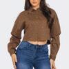 Bling Denim Cropped Button-Down Shirt – Brown Rhinestone