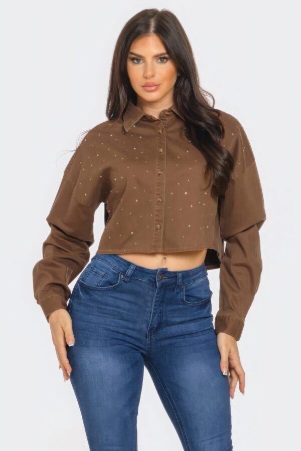 Bling Denim Cropped Button-Down Shirt – Brown Rhinestone