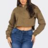 Cropped Denim Button-Down with Rhinestones – Olive