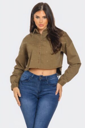 Cropped Denim Button-Down with Rhinestones – Olive