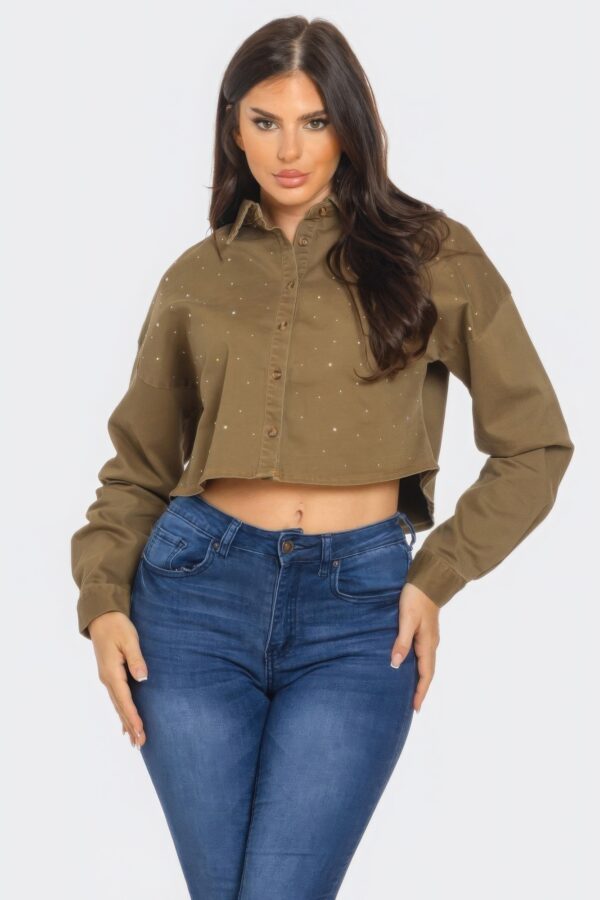 Cropped Denim Button-Down with Rhinestones – Olive