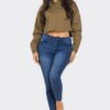 Cropped Denim Button-Down with Rhinestones – Olive