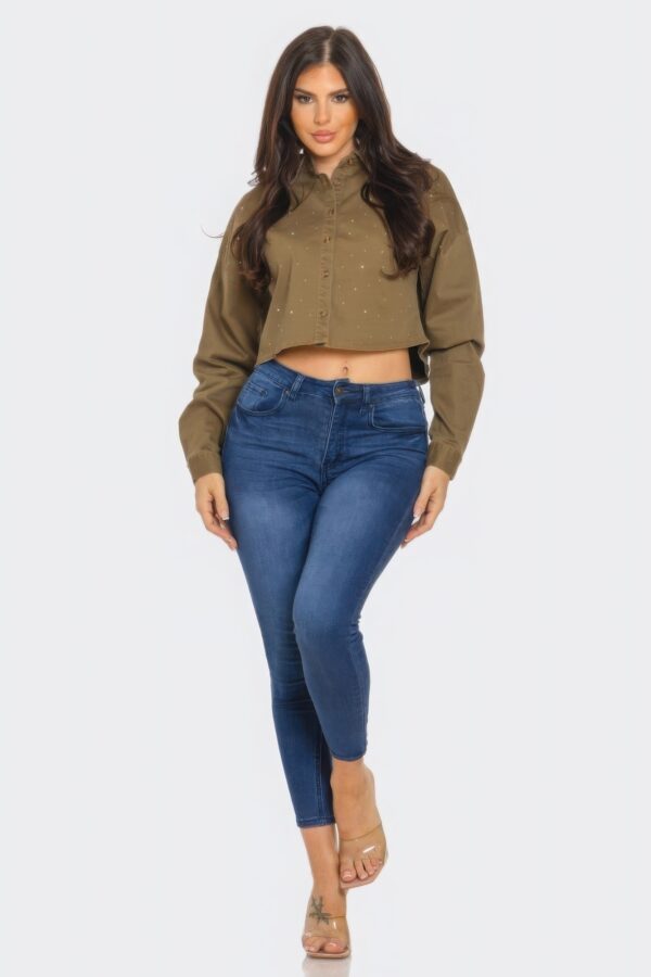 Cropped Denim Button-Down with Rhinestones – Olive