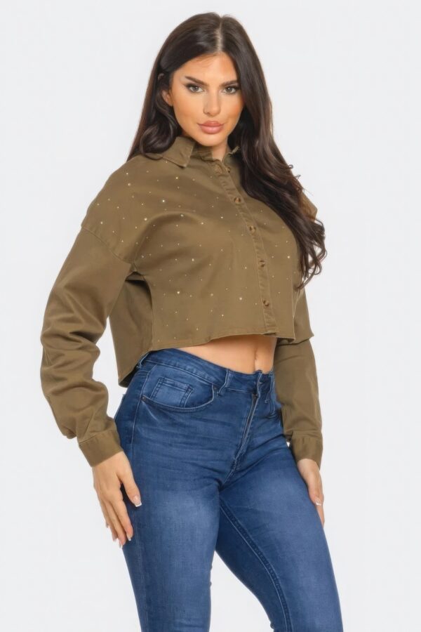 Cropped Denim Button-Down with Rhinestones – Olive