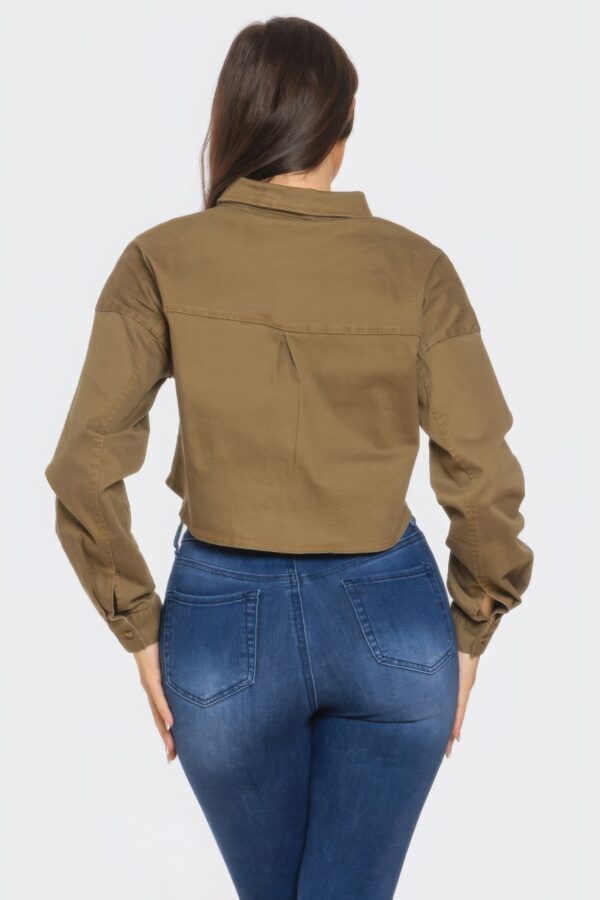 Cropped Denim Button-Down with Rhinestones – Olive
