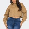 Cropped Rhinestone Denim Button-Down Shirt – Olive