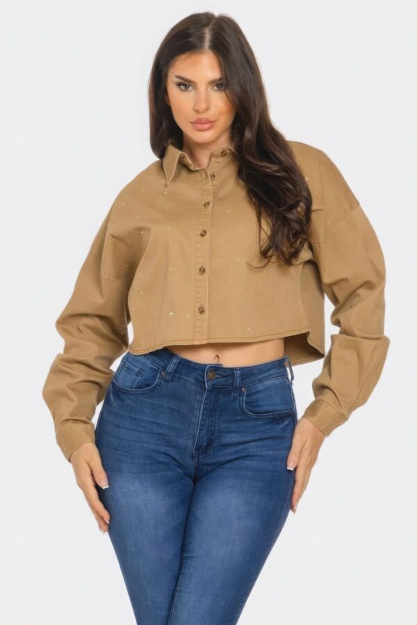 Cropped Rhinestone Denim Button-Down Shirt – Olive